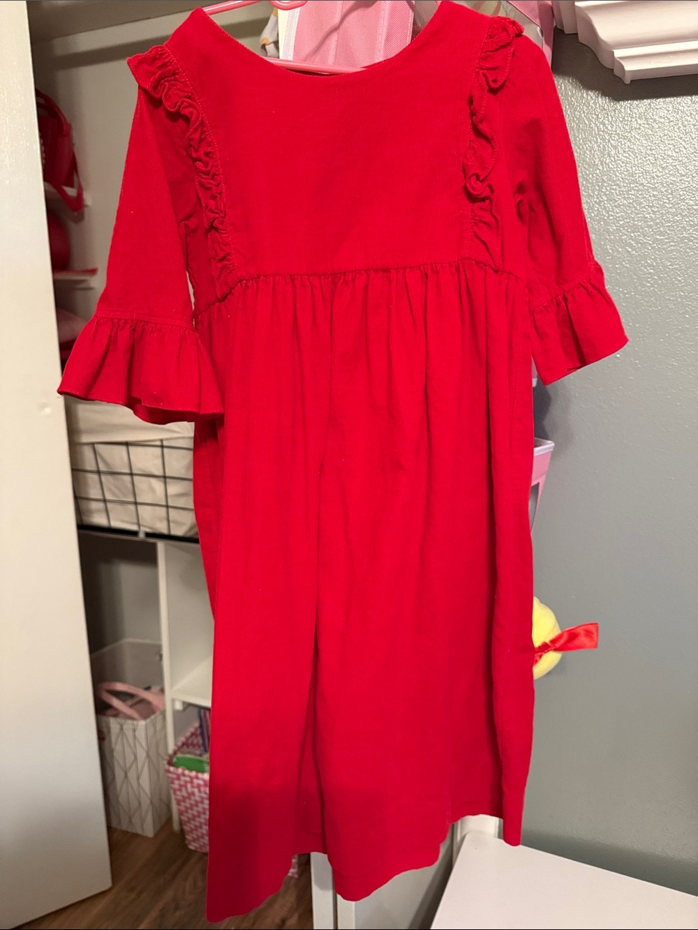 Girls' Bright Red Ruffle-Sleeve Casual Dress Corduroy